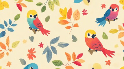 Colorful parrots perched among autumn leaves seamless pattern