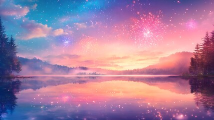 Fototapeta premium Brilliant Fireworks Reflecting Over Calm Lake with Space for Text