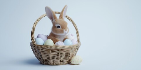 Cute bunny with colorful eggs in a wicker basket for joyful Easter celebrations. 