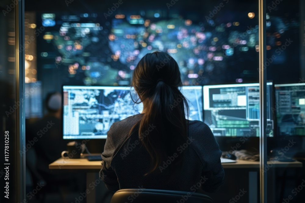 Poster female it professional analyzing global map data on computer screens in a dark network operations ce