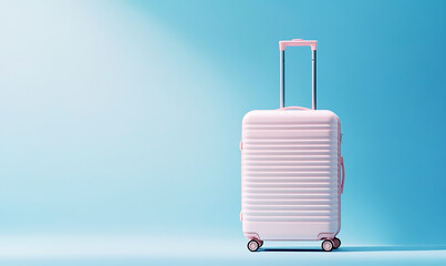 pink hardshell suitcase, Retractable handle, Wheeled luggage, Ribbed texture, Minimalist travel, Pastel blue background, offering copy space for promotional designs
