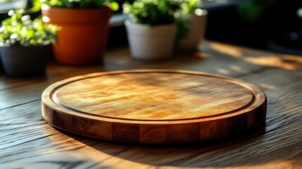 Obraz premium Wooden Serving Board on a Sunlit Table Surrounded by Beautiful Green Plants in a Cozy Kitchen Setting