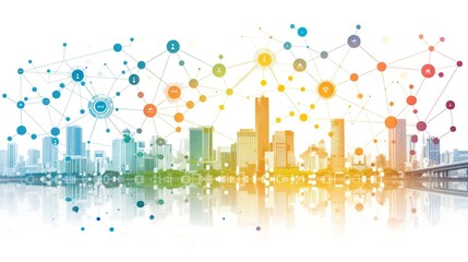 The skyline of a modern city is showcased with colorful network connections symbolizing technology and innovation. The reflections on the water enhance the vibrant atmosphere of urban life.