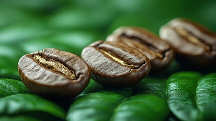 Obraz premium Close-Up Composition of Freshly Roasted Coffee Beans on Lush Green Leaves Showcasing Natural Textures and Earthy Tones Ideal for Coffee Lovers and Culinary Enthusiasts