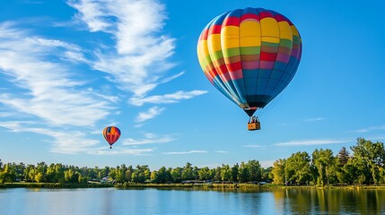 Fototapeta premium Colorful Hot Air Balloons Over Scenic Valley with Text Space