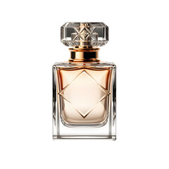 Elegant glass bottle for women's perfume with cap on transparent background