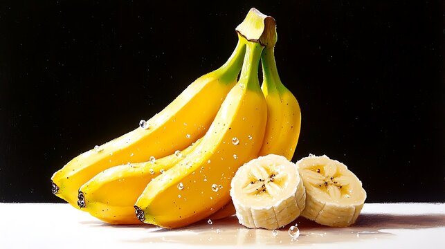 A bunch of ripe yellow bananas with water droplets, and a sliced banana on a white surface against a black background.