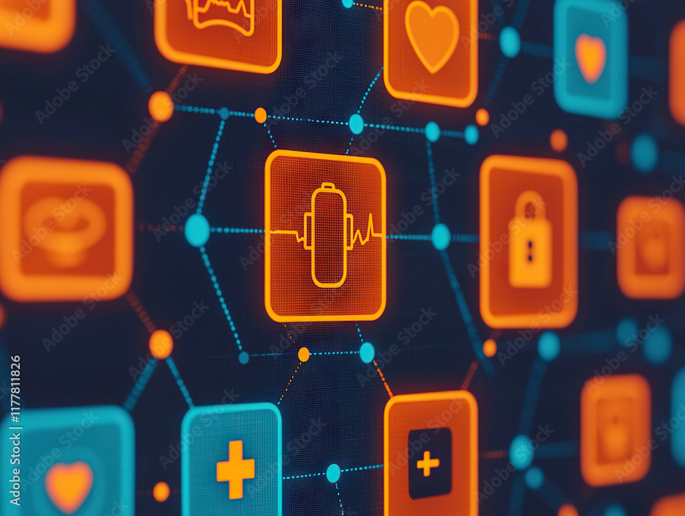 Poster glowing illustration of secure health data sharing across connected devices with privacy icons