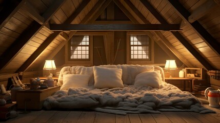 A photo of an attic space with exposed insulation