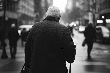 An elderly man navigates a busy street with his cane.