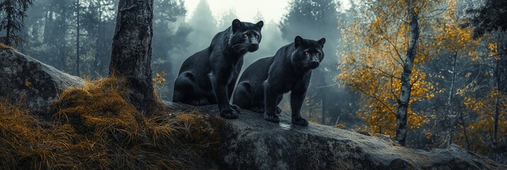 Two striking black panthers poised majestically in a misty forest, embodying power and grace.