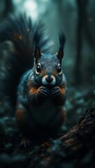 Obraz premium Cute Grey Squirrel Eating Nuts in Dark Forest