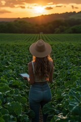 Woman Farmer with Hat and Tablet in Lush Green Field at Sunset