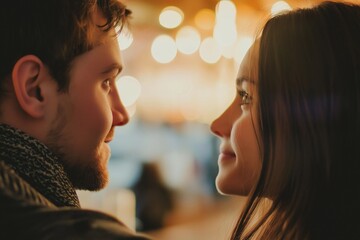 Fototapeta premium A young couple gazes lovingly at each other, radiating warmth.