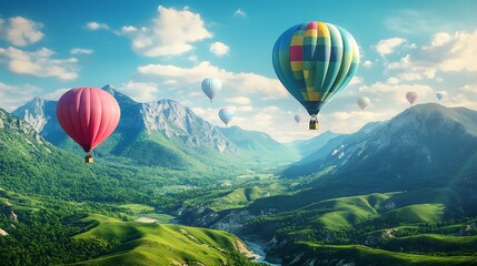 Fototapeta premium Vibrant Balloons Floating Above Valley, Perfect for Text Overlay