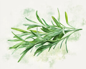 Intimate view of tarragon leaves against a soft watercolor backdrop for culinary inspiration.