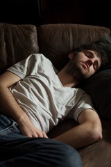 A young man rests peacefully on a leather couch, showcasing tranquility and comfort.