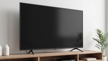 Close-up of 3D TV mockup on modern stand, showcasing screen clarity and elegant design, with neutral unobtrusive background