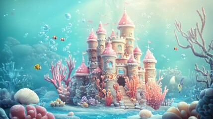 Pink fantasy castle standing on the ocean floor with tropical fish swimming around