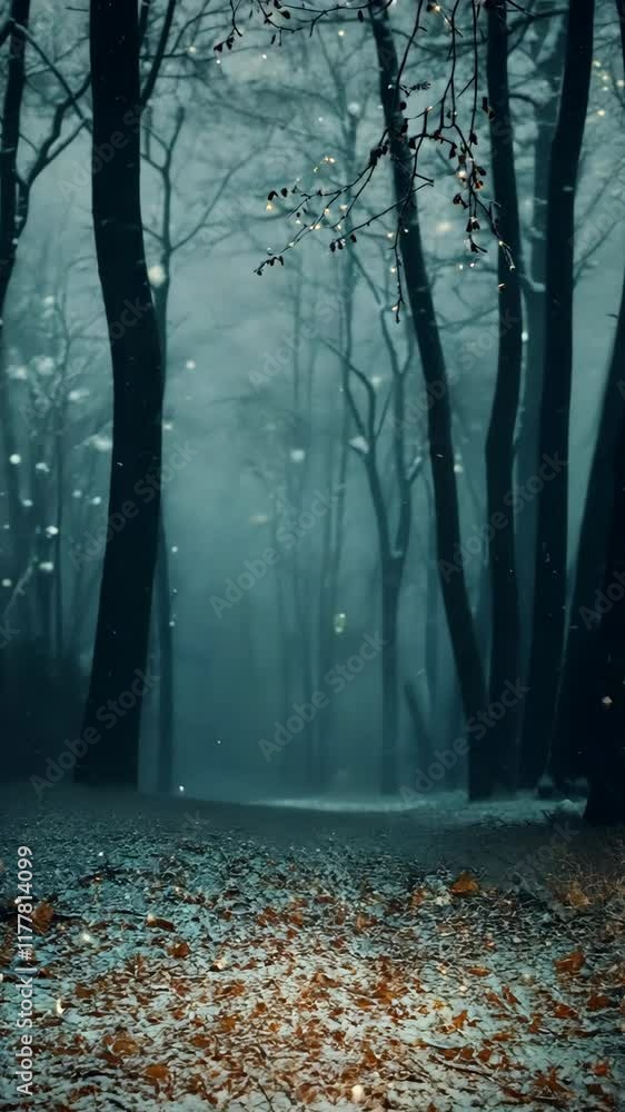 Poster mysterious forest path illuminated by soft light during foggy evening