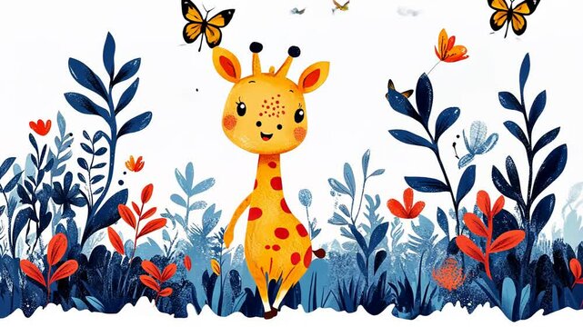 Cute Cartoon Giraffe Floral Pattern Vector Illustration  Art Design