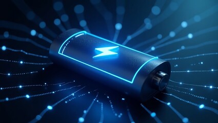 Futuristic energy concept with glowing battery icon and digital network