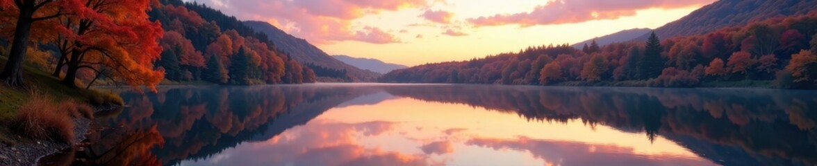 Fototapeta premium Vibrant autumn colors surround a still lake at dusk, vibrant, sky
