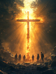 Silhouetted figures gather around a cross during a vibrant sunset