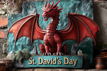 Celebration of St David's Day featuring the iconic red dragon of the Welsh flag, a symbol of pride and heritage in Wales during traditional festivities