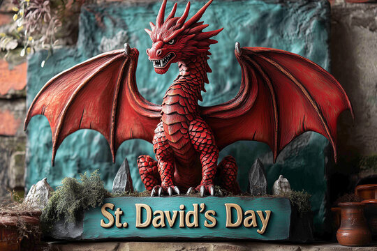 Celebration of St David's Day featuring the iconic red dragon of the Welsh flag, a symbol of pride and heritage in Wales during traditional festivities