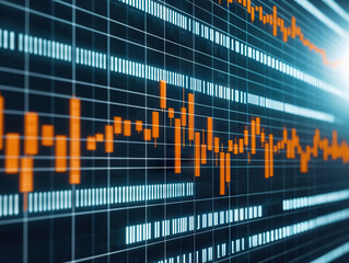Digital stock market graph with orange candlestick chart and glowing light effect