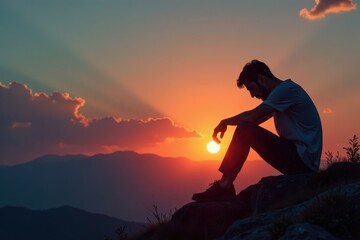 Obraz premium A lone figure sits in solitude, head bowed, as the fading light casts a warm glow on their profile , sorrow, melancholy