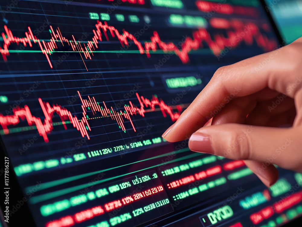 Poster hand interacting with digital stock market screen displaying fluctuating graphs and data