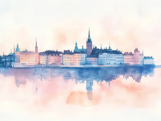 Fototapeta premium A serene watercolor illustration showcasing Stockholm's blend of Old Town charm and archipelago beauty.