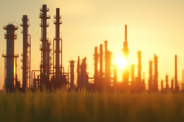 Obraz premium A dramatic golden-hour view of an industrial complex silhouetted against the setting sun, with vibrant green grass blades in the foreground. 