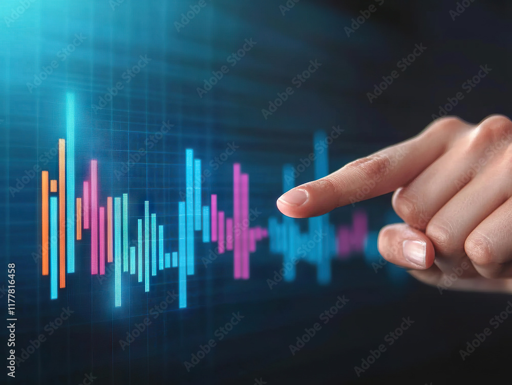 Poster hand pointing to glowing financial graph with colorful bars digital screen, symbolizing data analysi