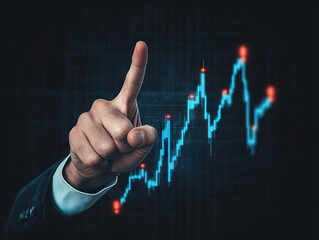 Businessman pointing at glowing financial chart with rising stock market trends