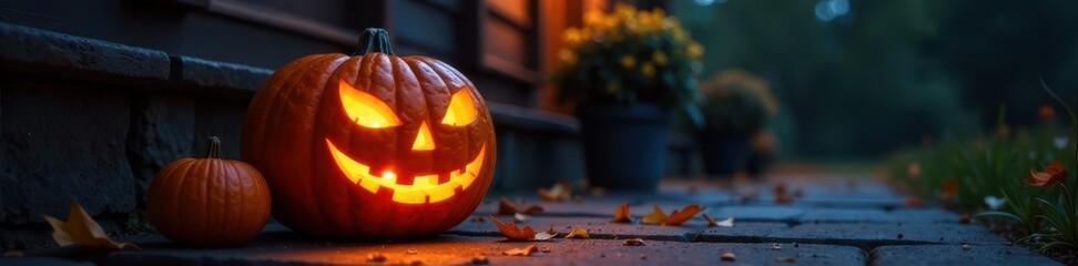 Fototapeta premium Carved pumpkin with glowing eyes on dark porch, shadowy, ominous