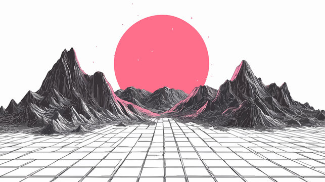 Vibrant Retro Futuristic Mountain Landscape with Sun in Wide Angle View