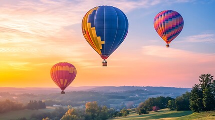 Obraz premium A vibrant, colorful hot air balloons over a scenic valley with a clear area for text