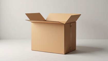 Single shipping box mockup, sealed with crisp edges, placed upright on flat surface, photorealistic look with faint shadow, with copy space