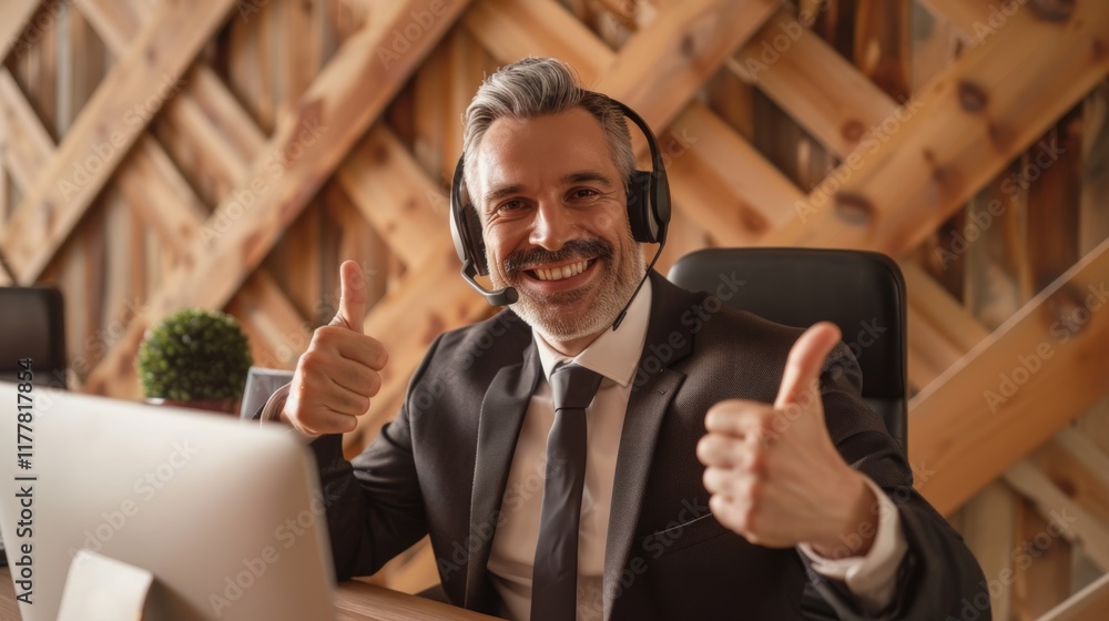 Poster portrait of an older man in a consulting office with a thumbs-up gesture, using a computer and heads