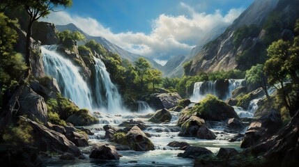 A photo of an oil painting of a dramatic waterfall