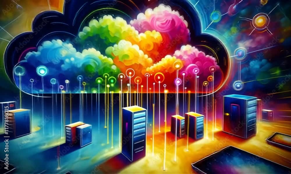 Poster data cloud center bright colorful visual representation with servers and connections