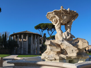 The Fountain of the Tritons, in the background the temple of Hercules Victor.
Rome Forum Boarium, Piazza Bocca della Verità.	