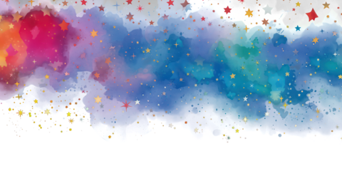 Watercolor colorful night space with stars border illustration on transparent background