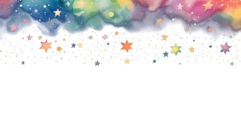 Watercolor colorful night space with stars border illustration on transparent background