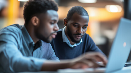 Two colleagues collaborating at a desk while reviewing information on a laptop in a modern office environment