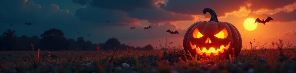 Glowing jack o lantern in the grass with vibrant orange hues against a dark sky with flying bats overhead, autumn evening, spooky atmosphere