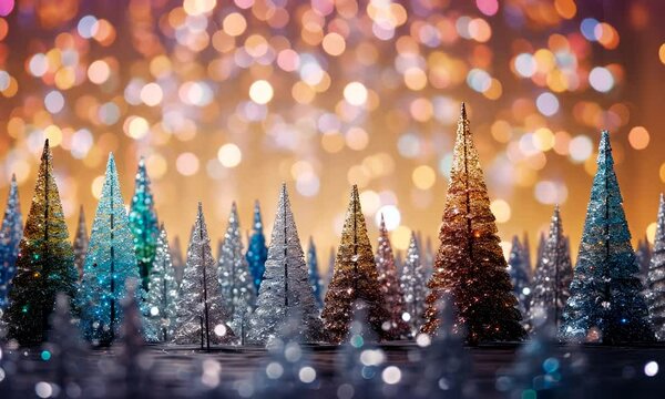 Decorated and Blurred fores of Christmas Trees in Cozy Winter Setting with shimmering lights